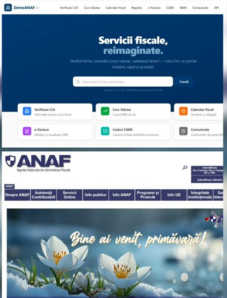 Un clujean face un site funcțional pentru ANAF! În glumă, dar e mult mai bun ca originalul!|Foto: colaj foto demoanaf.ro - anaf.ro