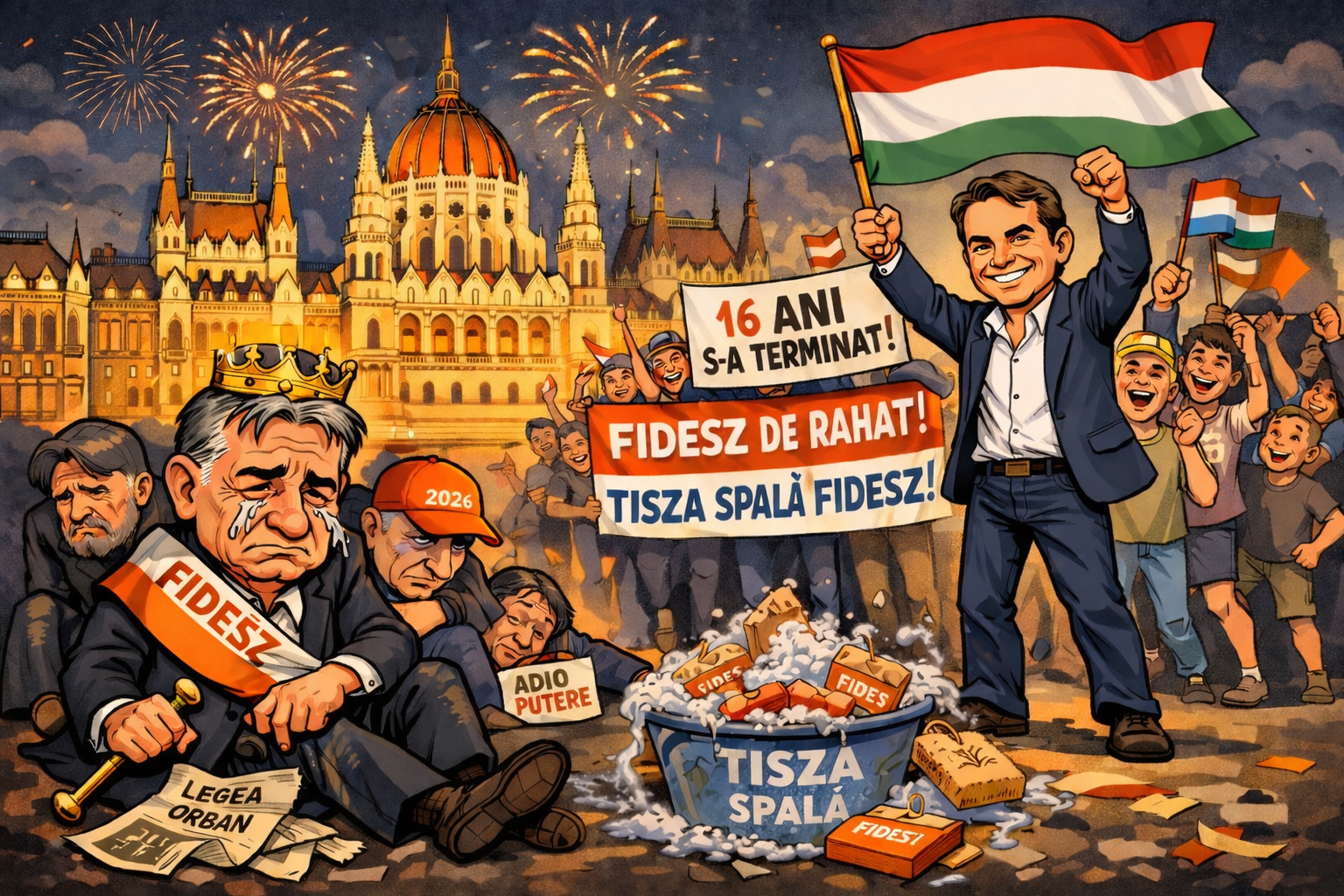 Cum sărbătoresc maghiarii victoria Opoziției/ Foto: Imagine generată cu ajutorul AI