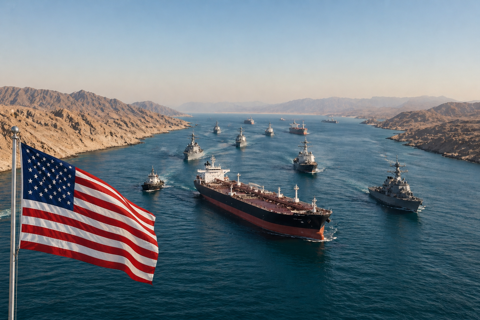 Statele Unite fac demersuri pentru constituirea unei coaliții internaționale care să asigure reluarea traficului prin Strâmtoarea Ormuz. | Imagine generată cu ajutorul AI