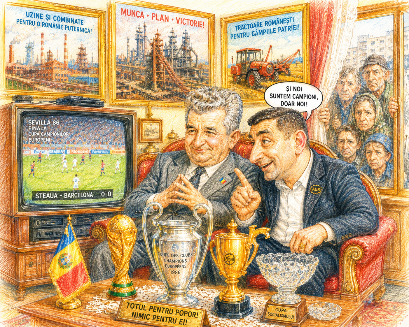 Nicolae Ceaușescu și George Simion își dau mâna peste decenii. De ce nu vorbim despre viitorul sportului și ne uităm doar înapoi, spre un trecut glorios, dar care nu ne aduce decât nostalgie, nu și soluții pentru viitor? Imagine cu caracter ilustrativ, generată cu AI