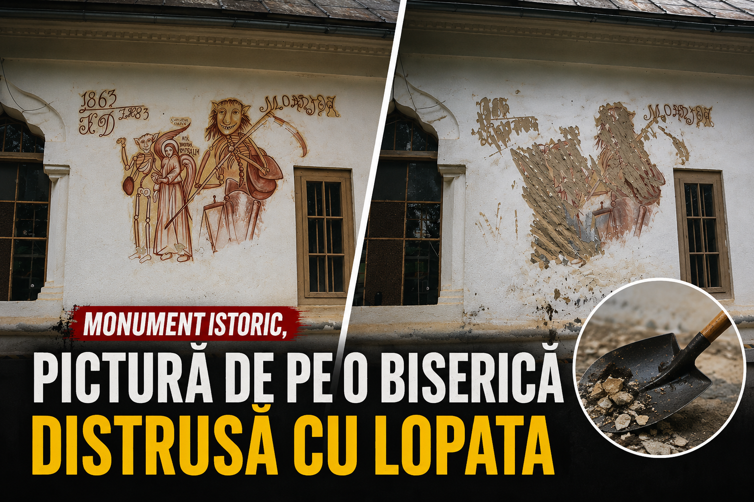 Un bărbat A distrus cu lopata celebra „biserică cu moartea râzând” din Argeș / Colaj generat cu ajutorul AI