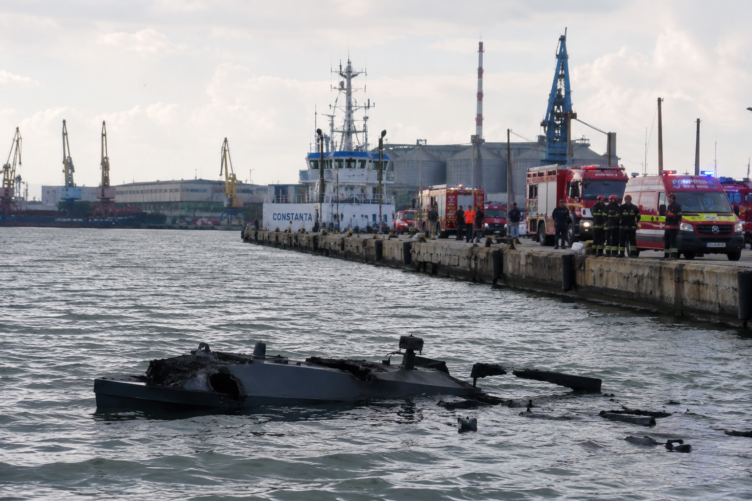 O explozie puternică s-a produs vineri în Portul Constanța, după detonarea unei drone maritime. | Imagine generată cu ajutorul AI