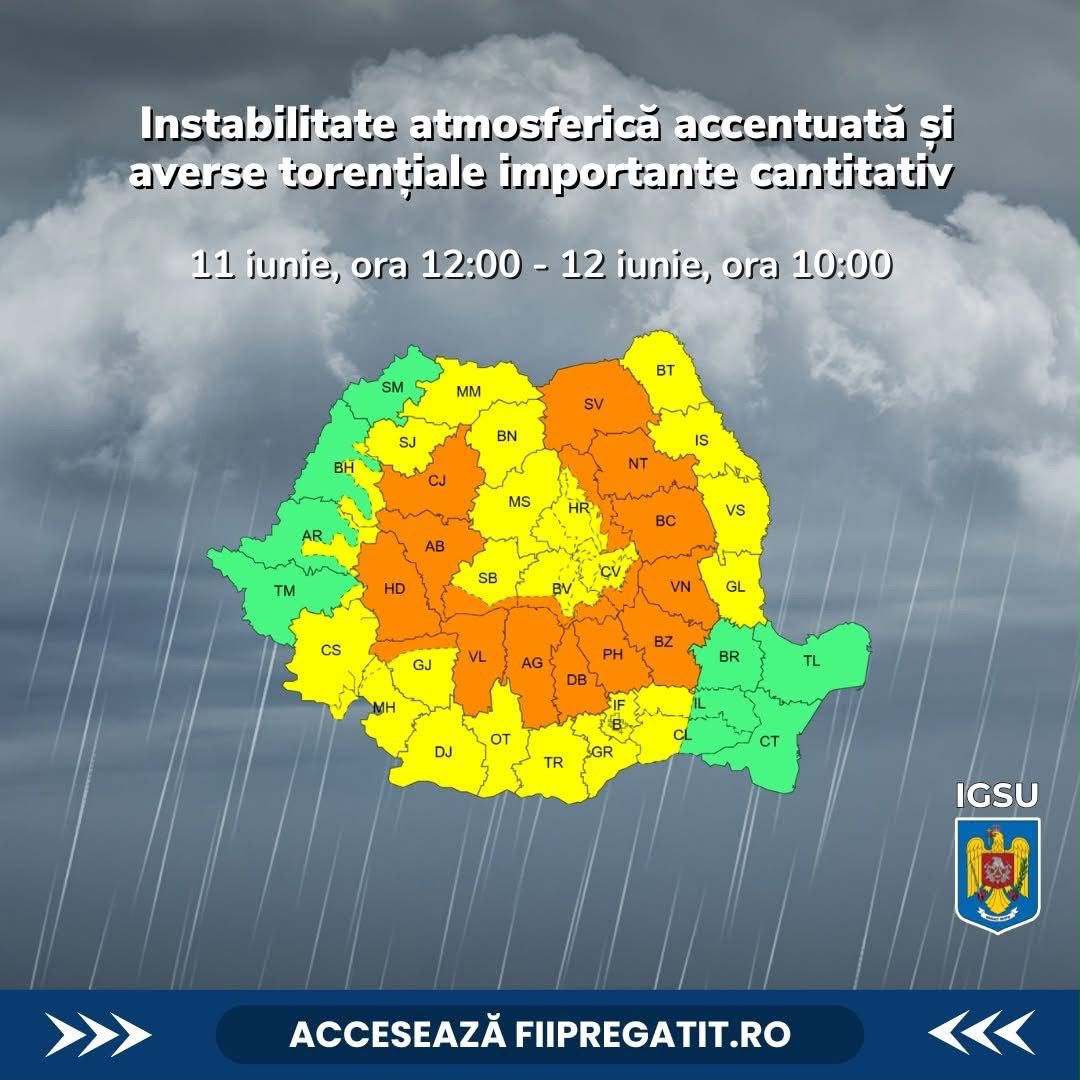 Potrivit mesajului transmis de Inspectoratul pentru Situații de Urgență Cluj, în intervalul 11 iunie, ora 12:00 – 12 iunie, ora 10:00, sunt prognozate averse torențiale, intensificări puternice ale vântului, vijelii și grindină de dimensiuni medii. | Foto: ISU Cluj