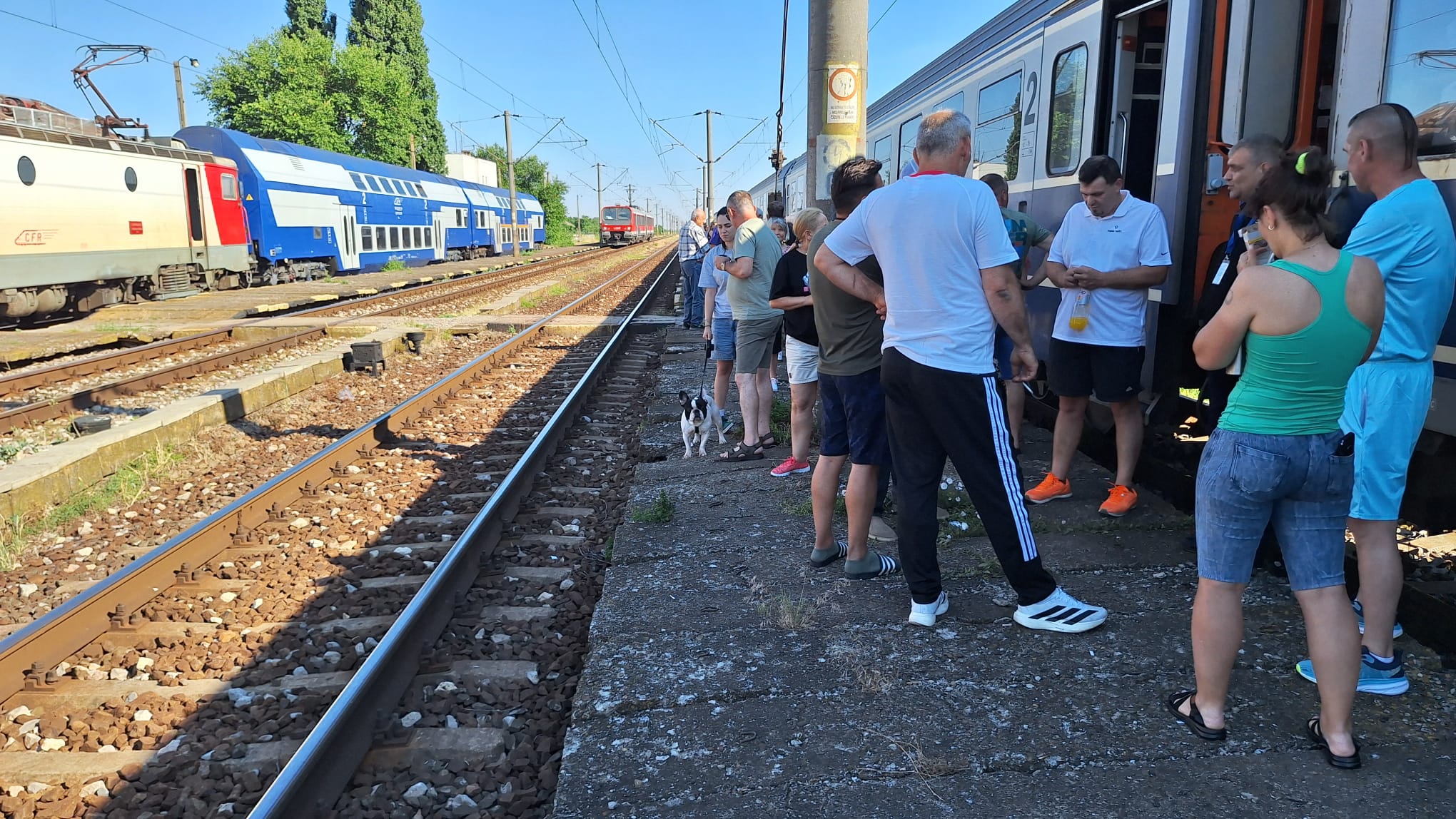 Oameni ieșiți dintr-un tren blocat la Movila, vineri, 26 iunie 2026. Trenul circula pe ruta Cluj - Constanța | Foto: cititoare monitorulcj.ro