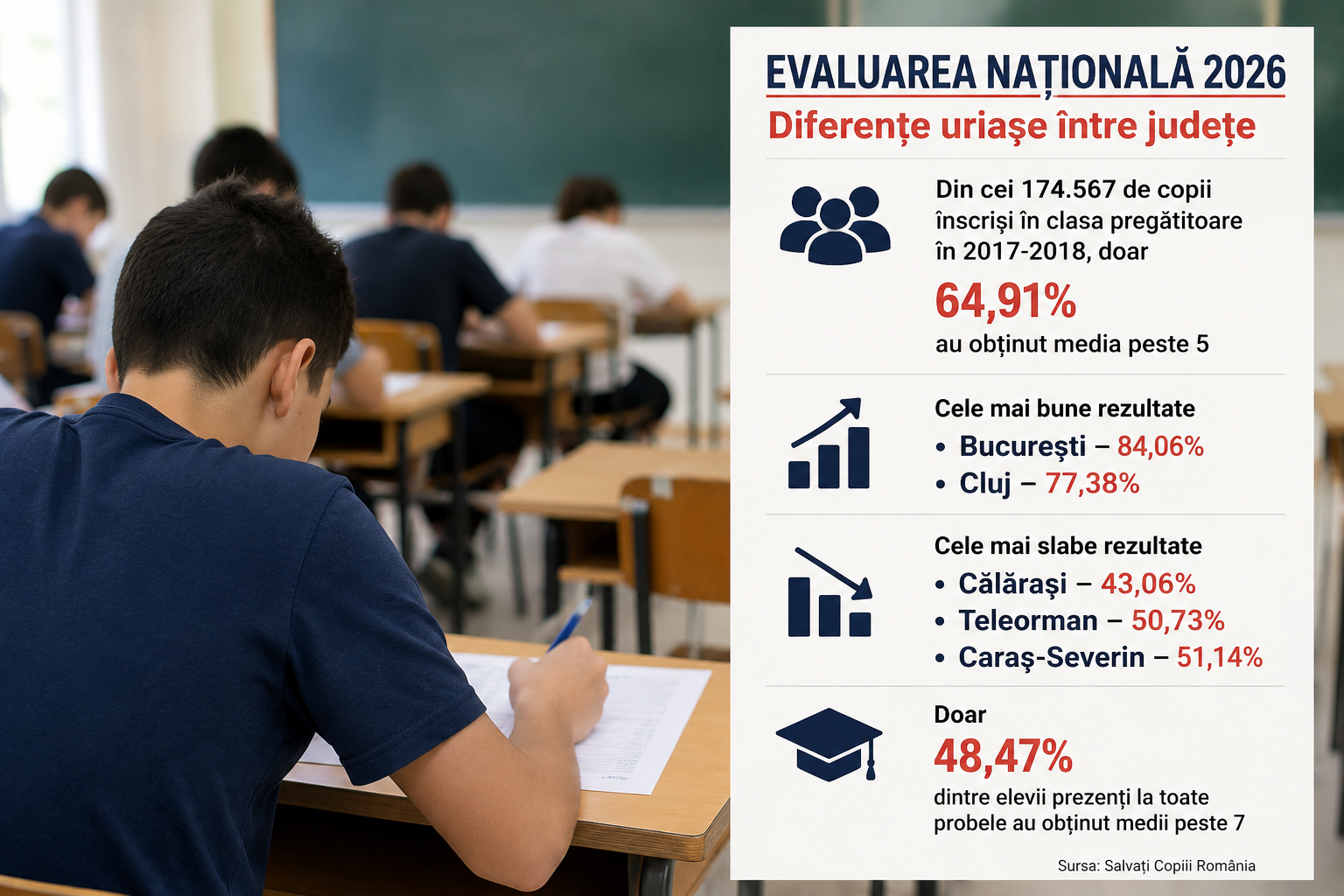 Clujul, printre județele cu cele mai bune rezultate la Evaluarea Națională. Diferențele dintre județe depășesc 40 de puncte procentuale!
