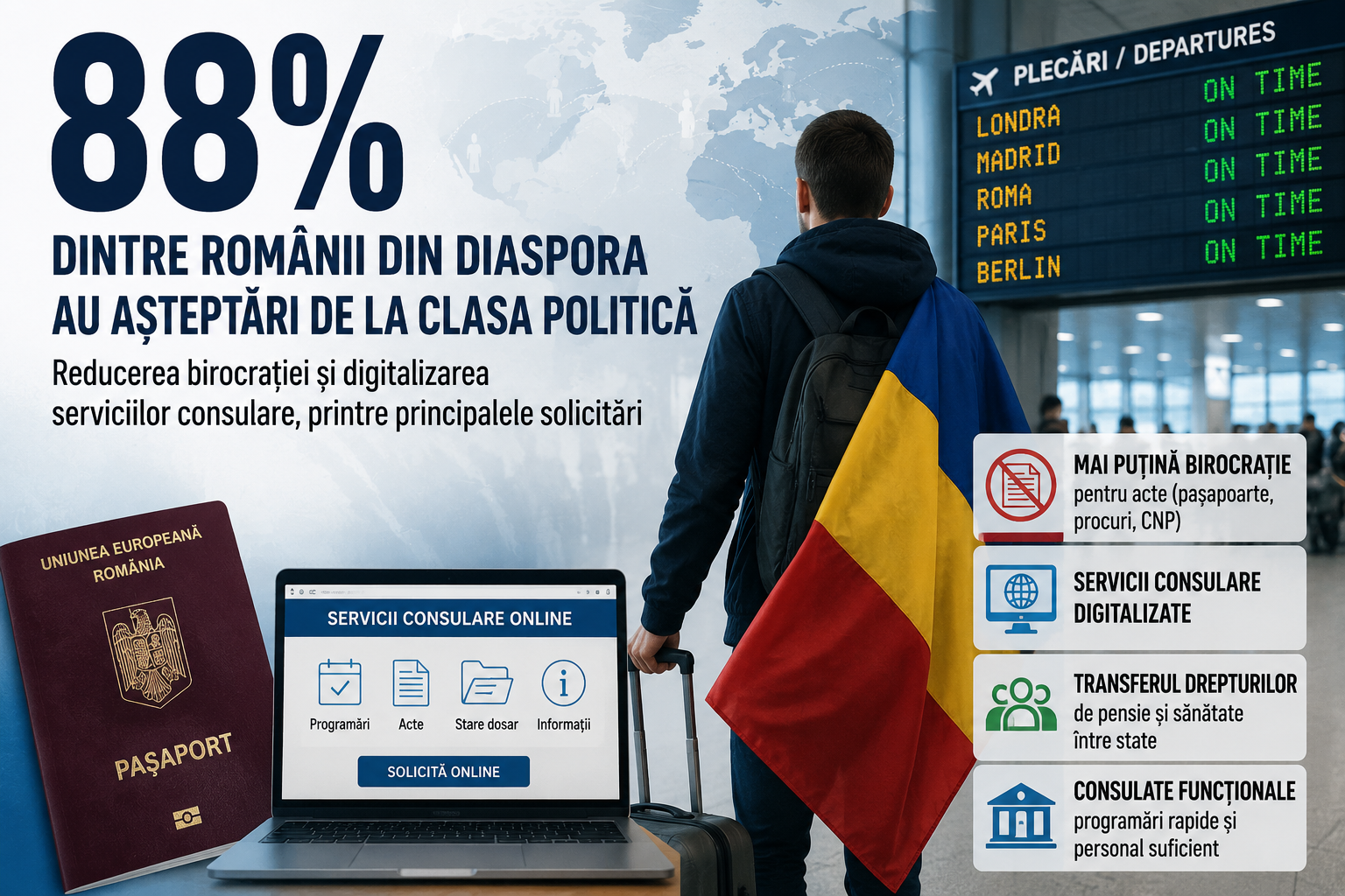 Aproape 90% dintre românii care trăiesc în străinătate au așteptări clare de la clasa politică, printre principalele cerințe numărându-se reducerea birocrației și digitalizarea serviciilor consulare. | Imagine generată cu ajutorul AI