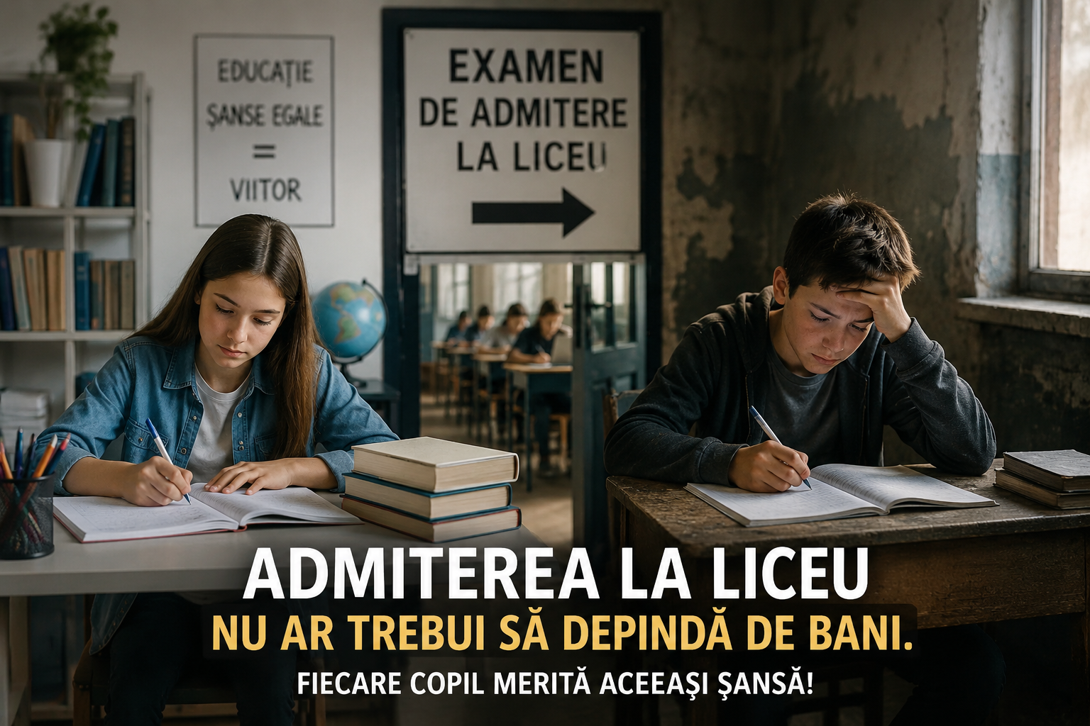 Organizația Salvați Copiii România se opune proiectului care le-ar permite liceelor să organizeze concursuri proprii de admitere, susținând că măsura riscă să adâncească inegalitățile dintre elevi. | Imagine generată cu ajutorul AI