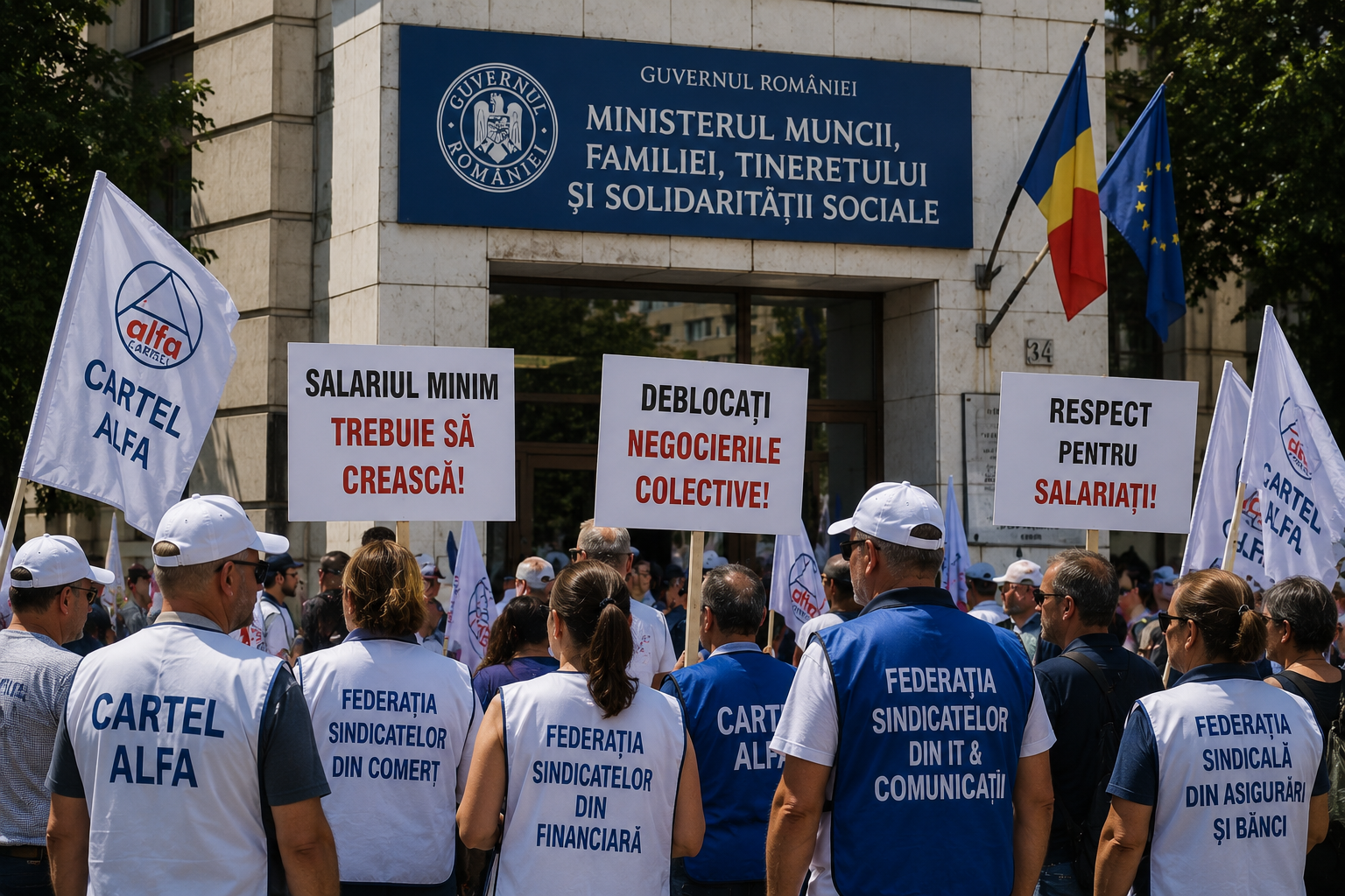 Mai multe federații sindicale organizează marți, 25 august, o acțiune de protest în fața Ministerului Muncii. | Imagine generată cu ajutorul AI