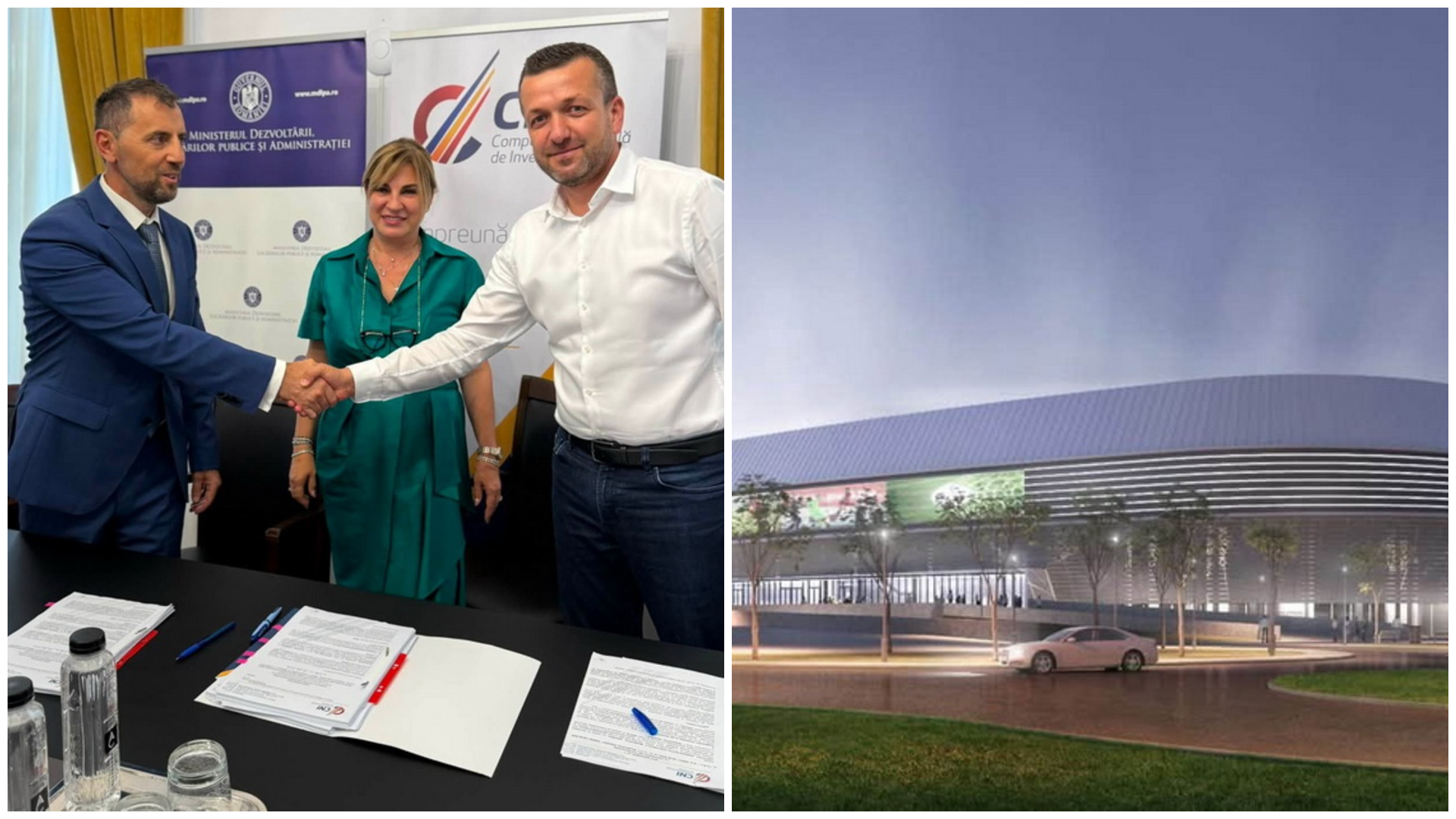 Florin Birta (primarul municipiului Oradea), Manuela Pătrășcoiu (directorul general al CNI) și Sorin Cristea (CEO CON-A) , au semnat contractul pentru realizarea stadionului din Oradea /Foto: CON-A - Facebook