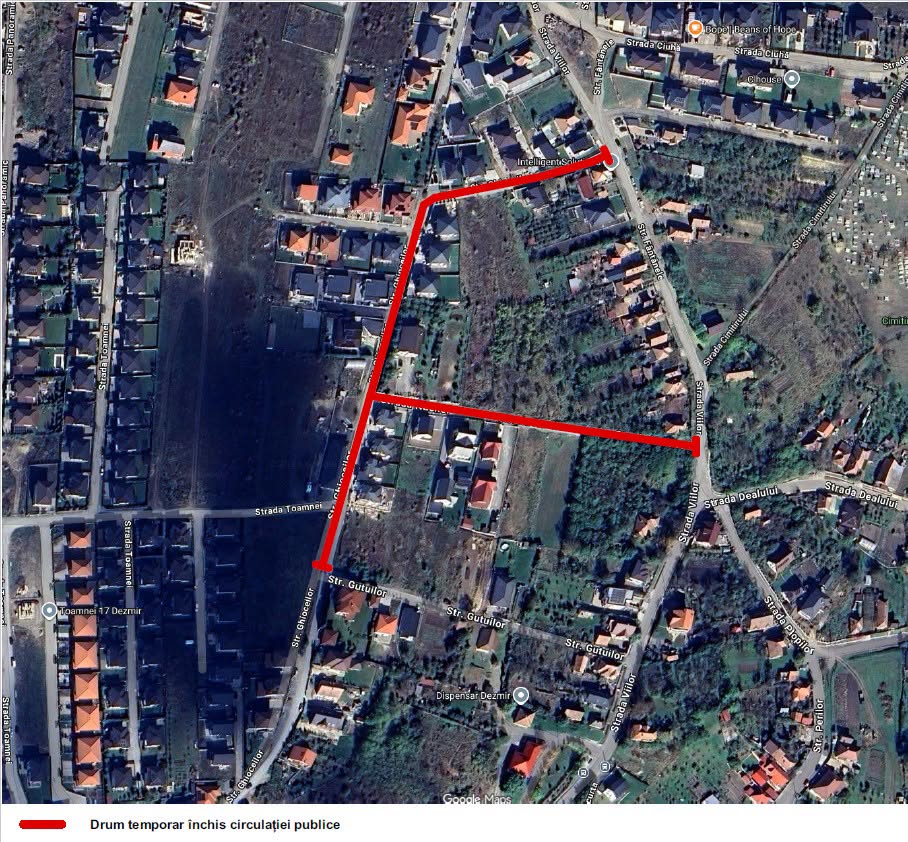 Restricții de circulație pe străzile Ghioceilor și Nucilor din satul Dezmir, comuna Apahida. Cât dureaza?