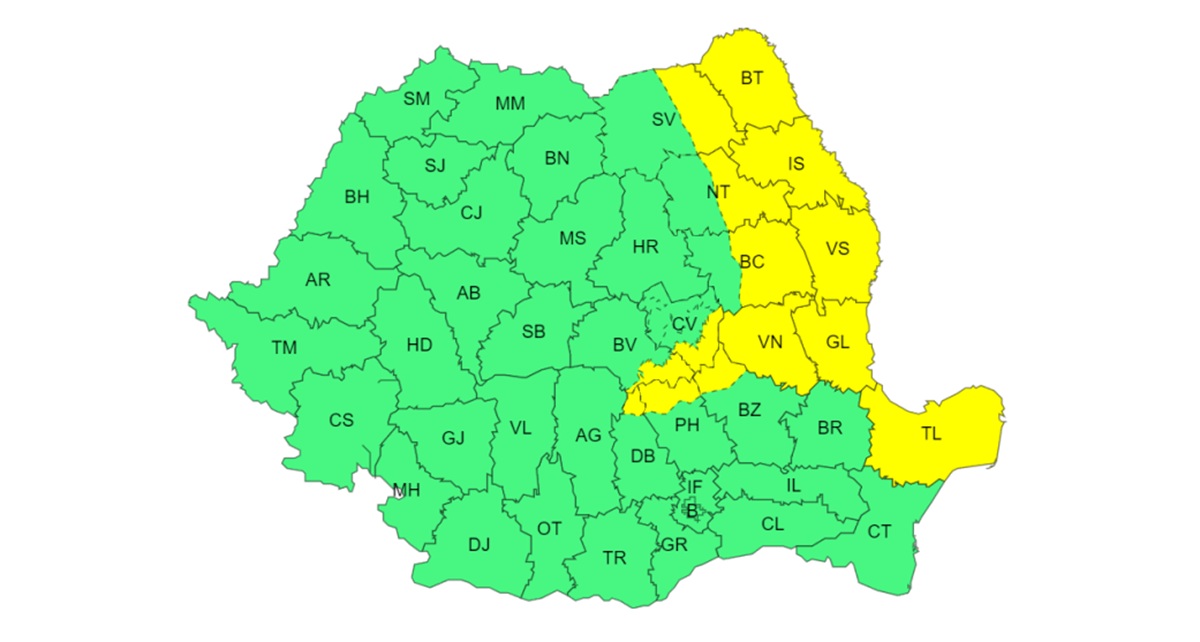 Vremea severă lovește România în următoarele două zile, cu vânt de până la 90 km/h și viscol la munte, în special în Moldova, nordul Dobrogei și în șase județe montane. Foto: captură ANM 