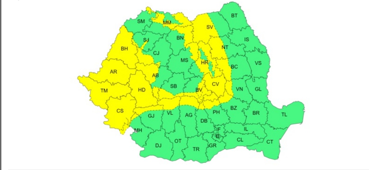 ANM a emis două coduri galbene de vânt puternic pentru vestul, centrul țării și zonele montane, valabile între 14-15 martie. Foto: captură alertă ANM 