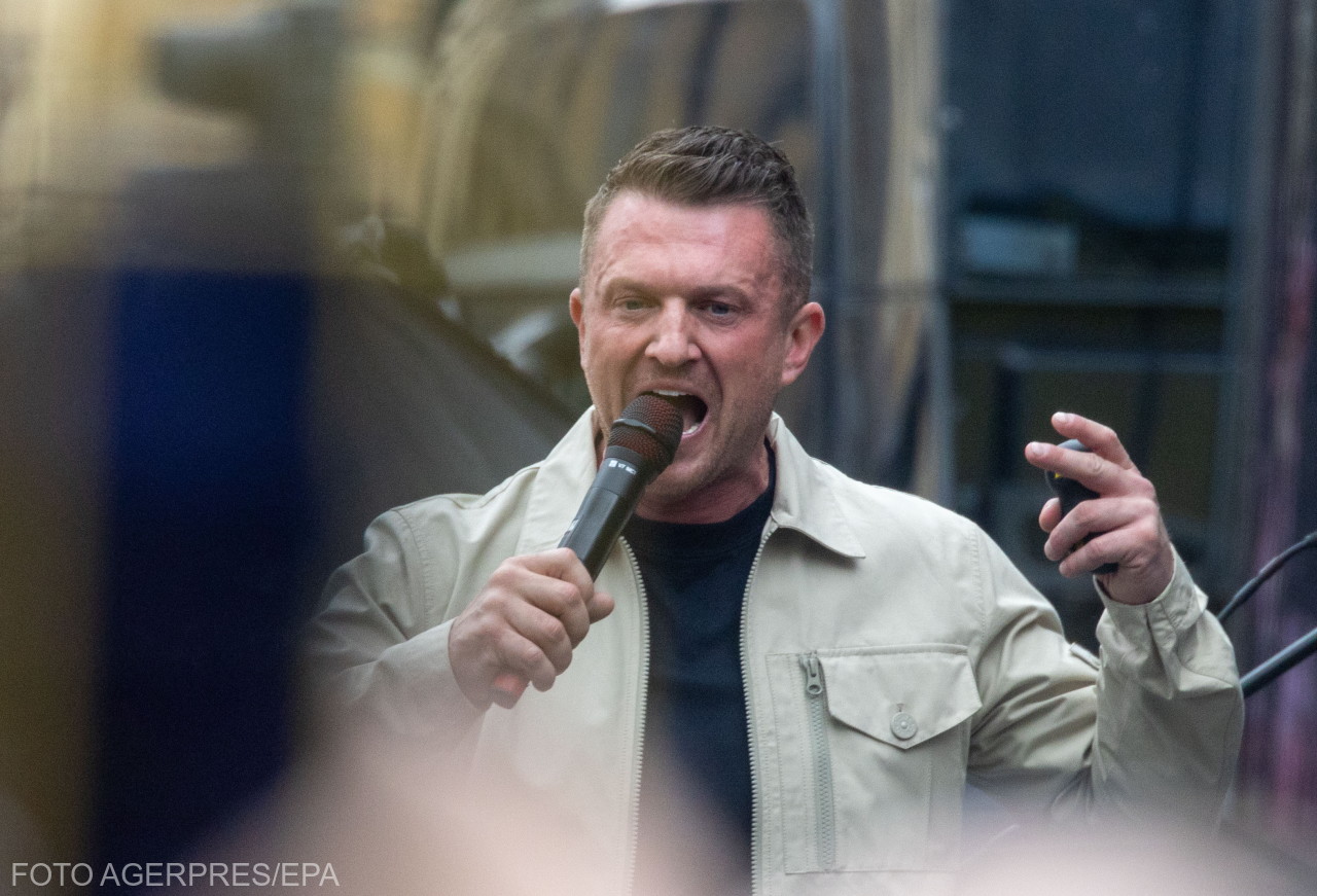 Activistul de extremă dreapta Stephen Yaxley-Lennon, cunoscut ca Tommy Robinson, vorbește la mitingul „Unite the Kingdom”, la Londra, in 16 mai 2026, organizat în sprijinul formării unei coaliții „Make Europe Great Again”. Foto: Tayfun Salci. EPA/Agerpres