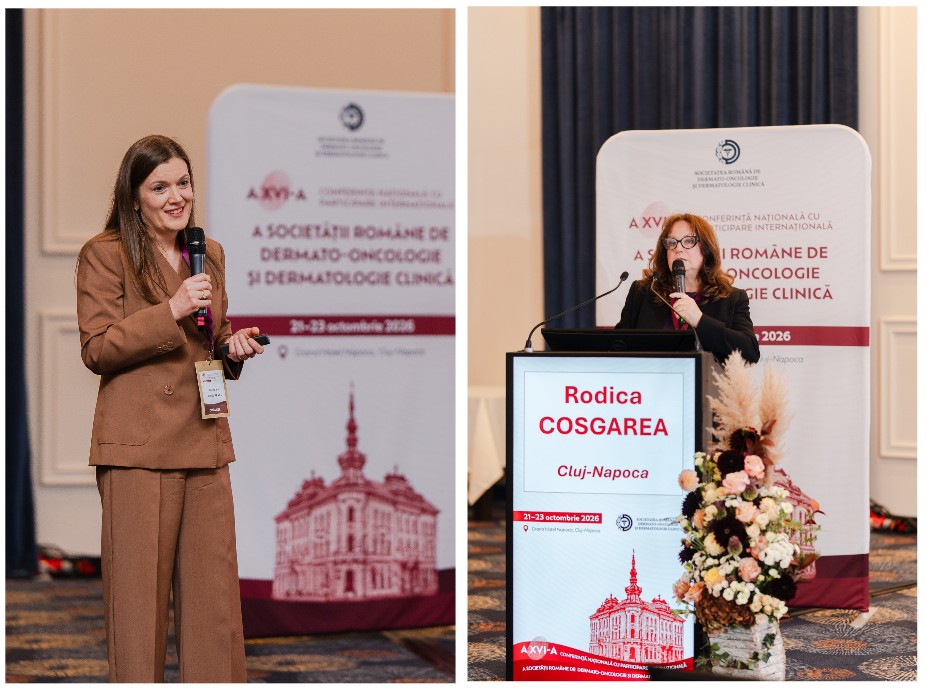 Conf. univ. dr. Loredana Ungureanu și prof. univ. dr. Rodica Cosgarea, organizatoarele celei de-a XVI-a ediții a Conferinței Societății de Dermato-Oncologie și Dermatologie Clinică, care a reunit la Cluj-Napoca, în perioada 21–23 octombrie 2026, peste 270 de specialiști în dermatologie.